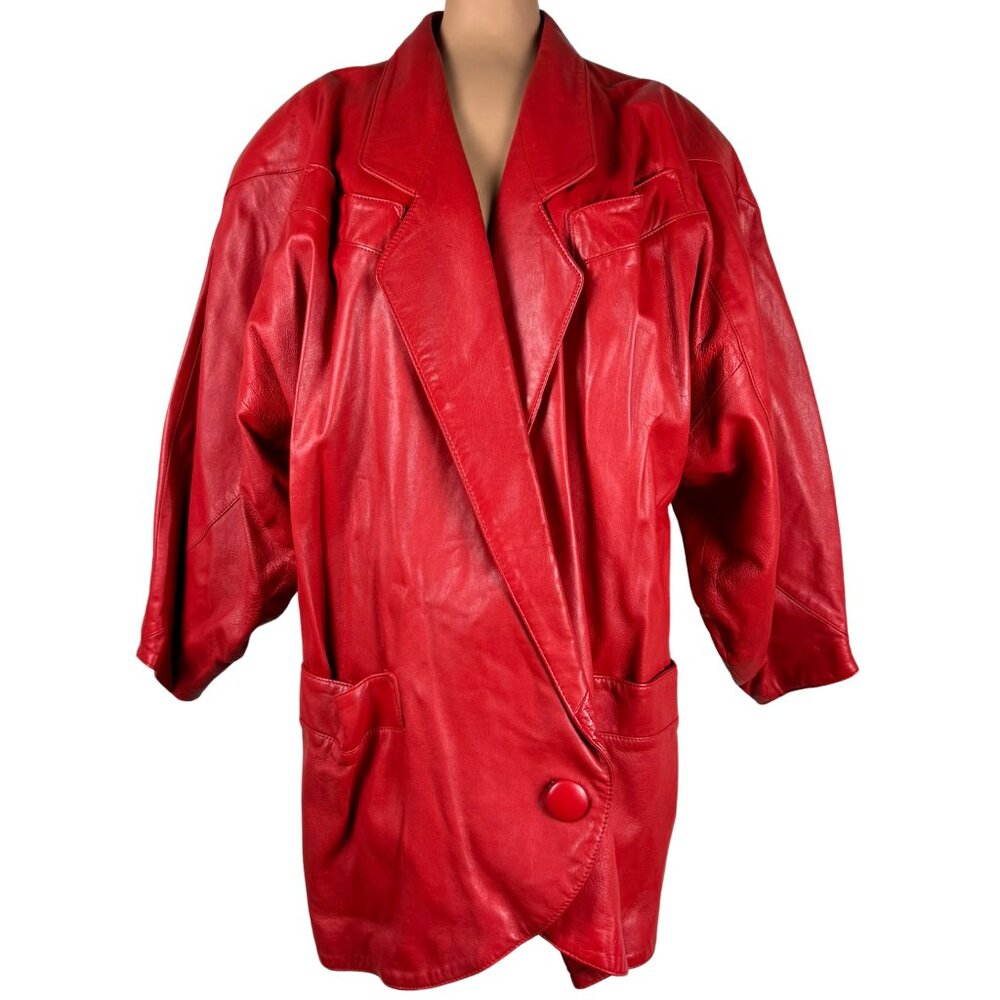 80s Aesthetic Jacket Red Leather Womens Oversized Vintage Coat